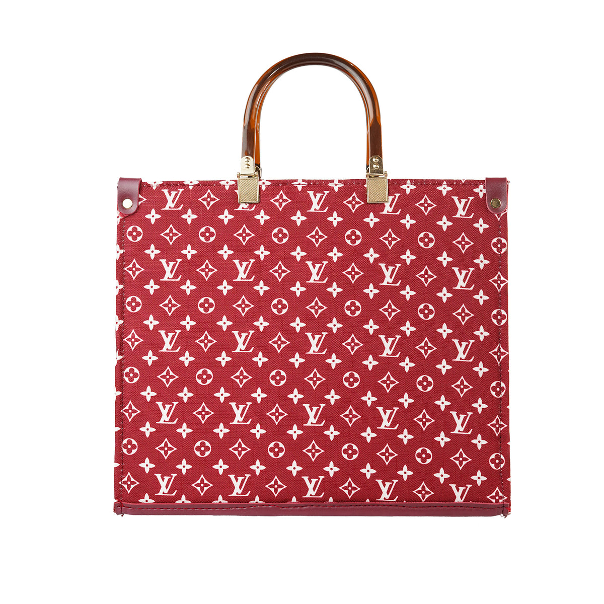 Luxury Monogram Red Tote Bag with Tortoiseshell Handles