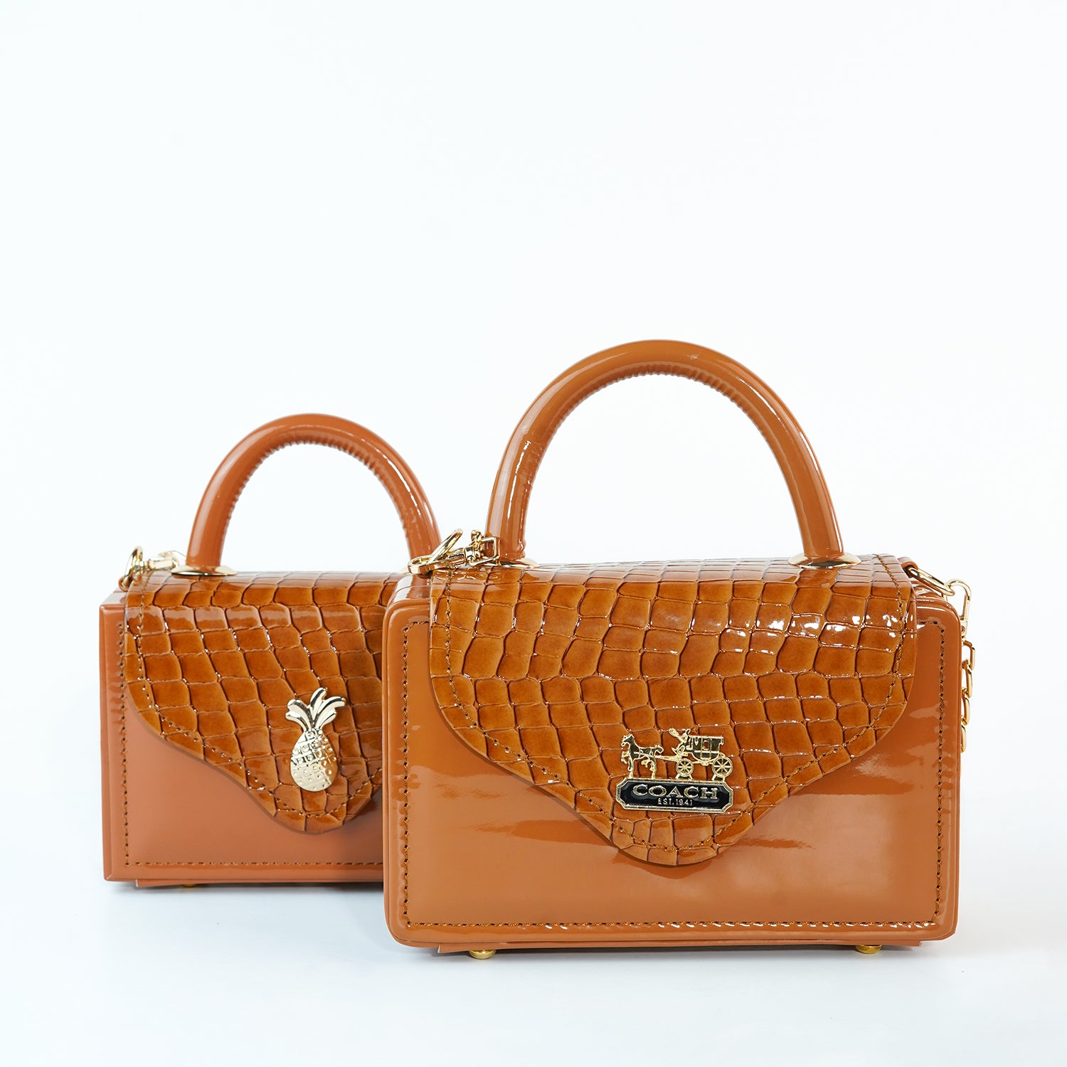 Set of Two Crocodile-Pattern Leather Handbags – Elegant Brown