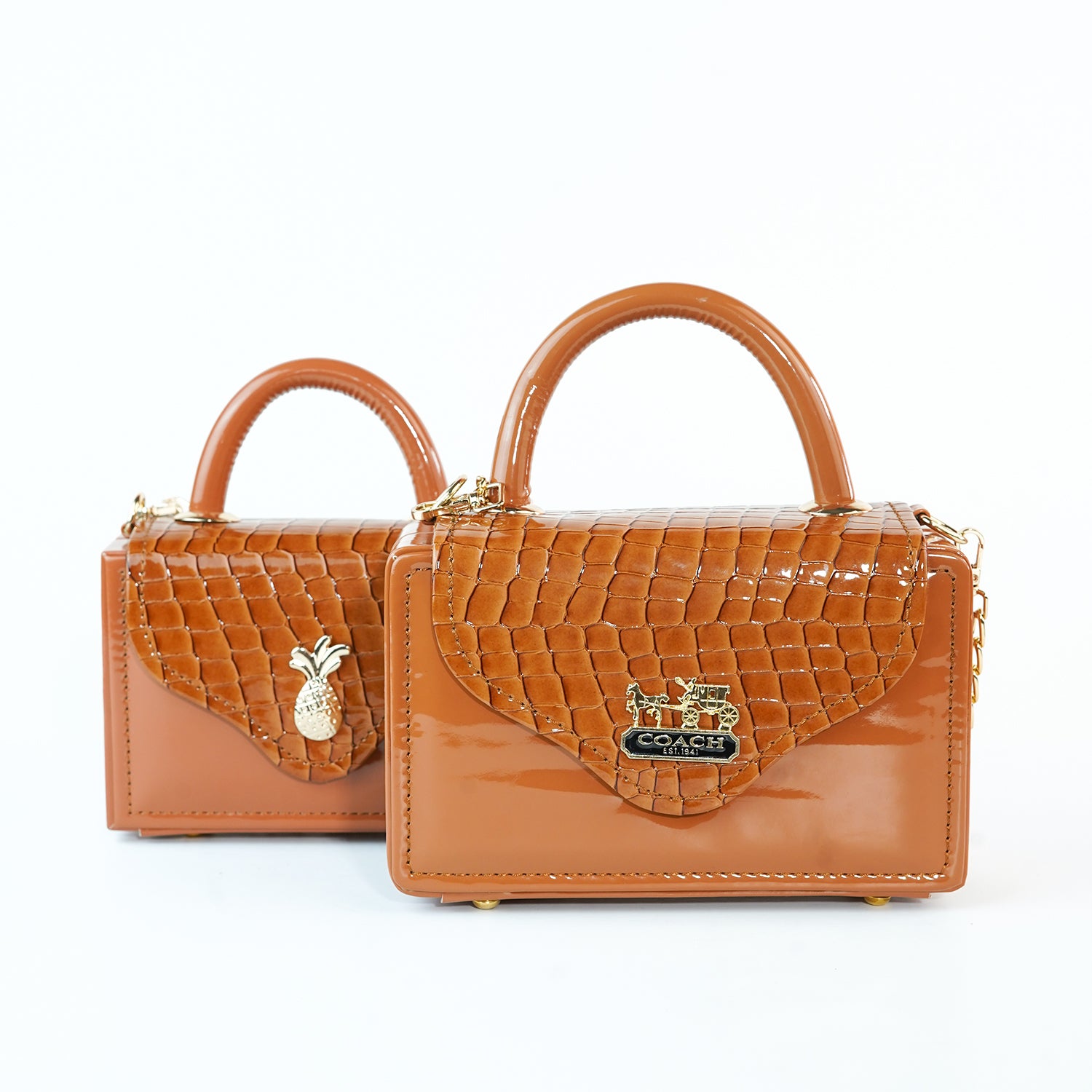 Set of Two Crocodile-Pattern Leather Handbags – Elegant Brown